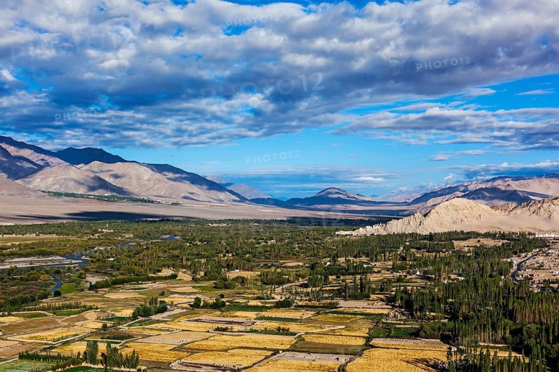 View of Indus valley from Thiksey gompa in Himalayas. Ladakh, India