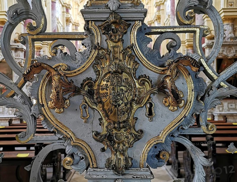 Wrought-iron rococo grille, detail, former abbey church, monastery church of the former Cistercian abbey of Ebrach, Bamberg district, Upper Franconia, Bavaria, Germany