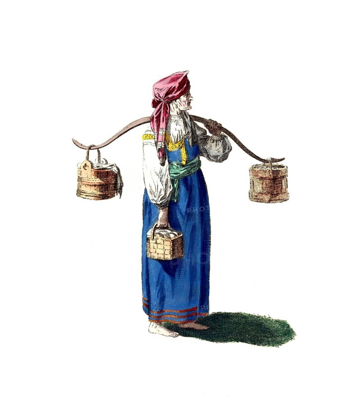 Historical clothing, fashion over time, clothing of a market woman from Russia in 1764, digitally restored reproduction of a model from the 18th/19th century, exact date unknown, woman carries two wooden buckets on a shoulder bar in traditional dress