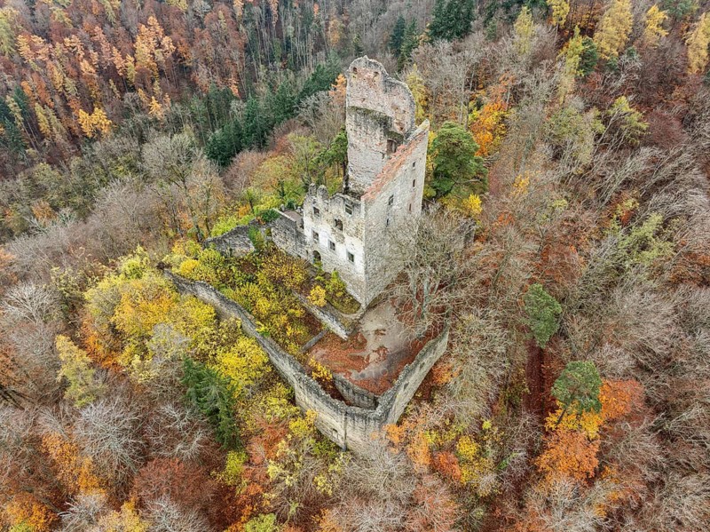 Aerial view of the ruins of Altbodman on the Bodanrück, above the village of Bodman in autumn vegetation, Lake Constance, Bodman-Ludwigshafen, district of Constance, Baden-Württemberg, Germany