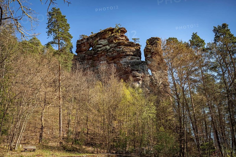 The Hochstein rock formation in the Dahner Felsenland in Dahn, Rhineland-Palatinate, Germany