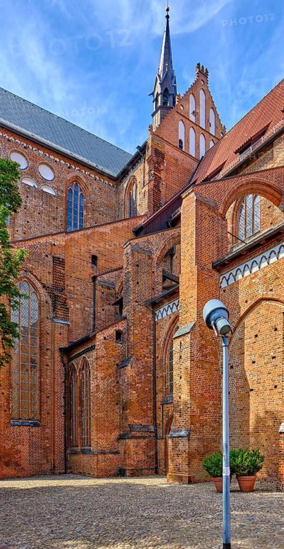 Partial view of the Georgenkirche, a typical example of brick Gothic, Old Town Hanseatic City of Wismar, Mecklenburg-Western Pomerania, Germany