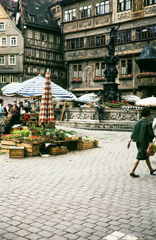 Historic buildings on the market square of the old town, City of Tübingen, Swabia, Germany, Europe 1961