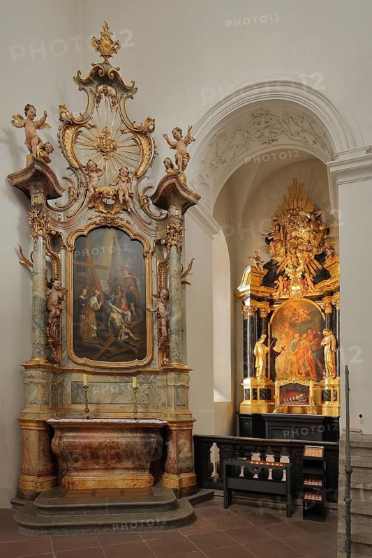 Side chapel with altar and painting in baroque Neumünster church, Neumünster church, interior view, Würzburg, Lower Franconia, Franconia, Bavaria, Germany