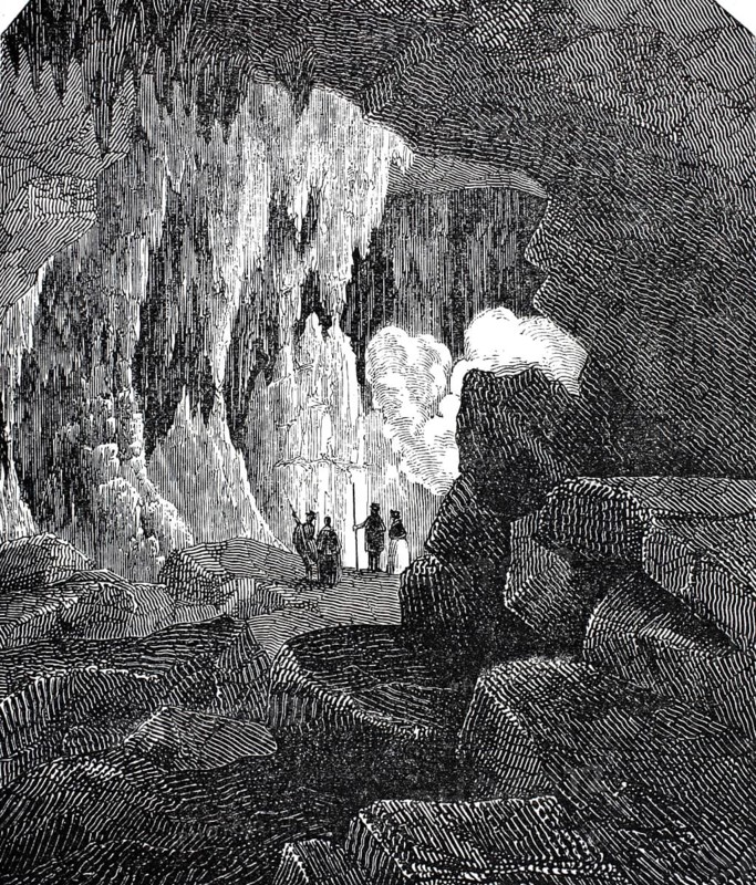 Grotte de Remouchamps, Cave of Remouchamps, is located in Belgium, province of Liège, and is one of the historic stalactite caves in Europe, which became famous in the 19th century, illustration, reproduction from a model from the 19th century. Authentic, file restored for optimal use, exact date of submission unknown, historical