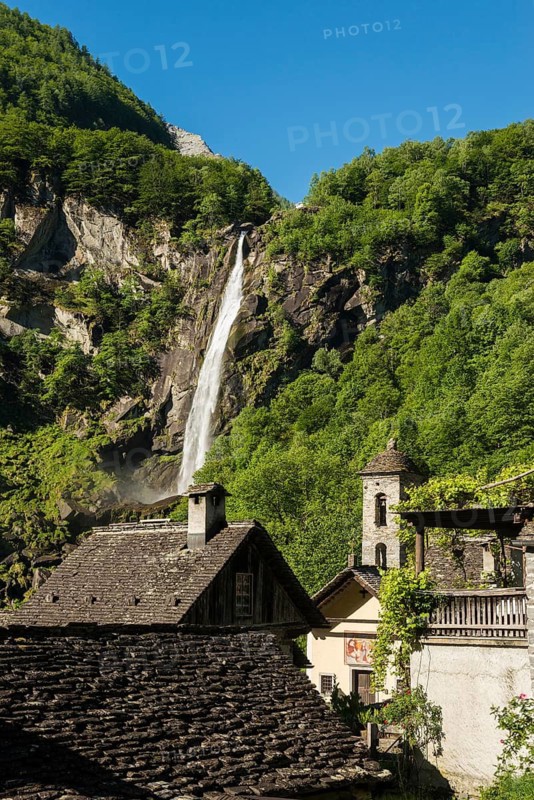 Picturesque mountain village with traditional old stone houses and waterfall, Foroglio, Bavona Valley, Valle Bavona, Maggia Valley, Valle Maggia, Canton of Tessin, Switzerland