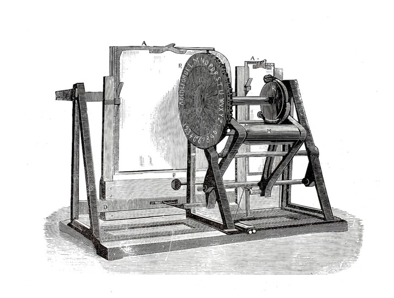Type print telegraph, also known as a pointer telegraph or formerly a print telegraph, from the 19th century. The distinctive, vertical wheel in the center is marked with the alphabet and numbers at the edge. As a result of electrical impulses from the telegraph line, the wheel rotated synchronously with the transmitter. As soon as the wheel stopped in the right position, a mechanical stamp pressed the paper strip against the inked letter, illustration, reproduction from a 19th century template. Authentic, file restored for optimal use, exact date of submission unknown, historical