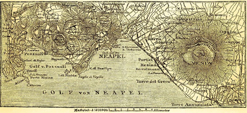Map of the city of Naples and the surrounding area with the Vesuvius volcano, Pompei, Torre Annunziata, Gulf of Naples, coastal landscape, scale in kilometers, map, topography, geography, historical illustration 1885