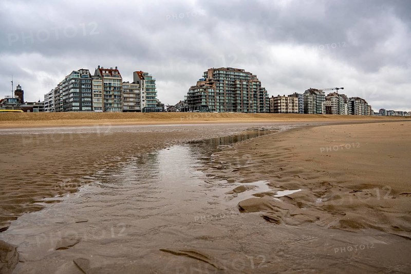 The skyline of Knokke-Heist, on the North Sea beach, dreary winter day, mostly apartment buildings with rental or condominiums, high-rise buildings on the Zeedijk-Knokke road, Belgium