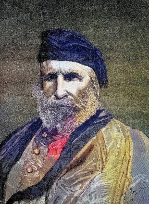 Giuseppe Garibaldi (1807–1882), one of the most popular military leaders and activists of the Risorgimento, the 19th-century Italian unification movement, a reproduction of a 19th-century original. Authentic, file restored for optimal use, exact date of the original unknown, nostalgically coloured