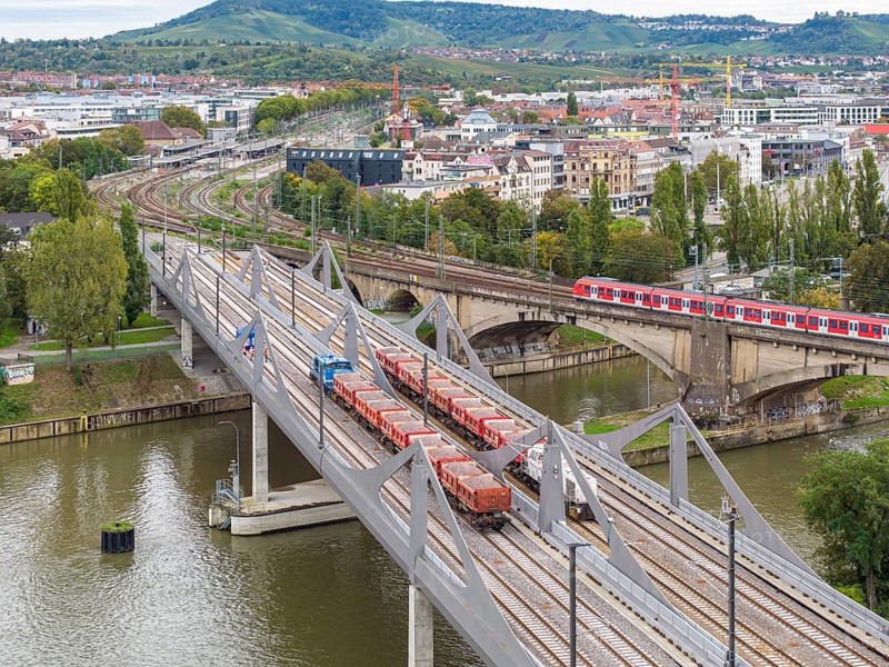 Load test on the Neckar Bridge, aerial view. Due to the unusual design, dimensional checks are mandatory in front of the bridge is opened to trains. Two goods trains with a combined weight of 960 tonnes load the 345 metre long bridge over the Neckar. Local train. The bridge is part of the major Stuttgart 21 project. Stuttgart, Baden-Württemberg, Germany