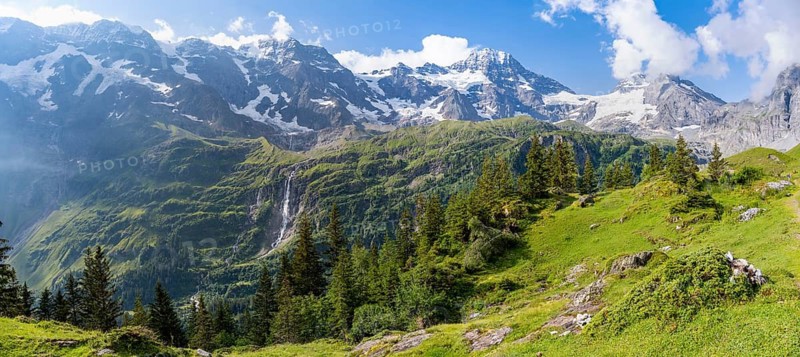 Panorama, picturesque mountain landscape with Schmadribachfall waterfall, Breithorn and Tschingelhorn mountain peaks, Bernese Alps, Bernese Oberland, Switzerland