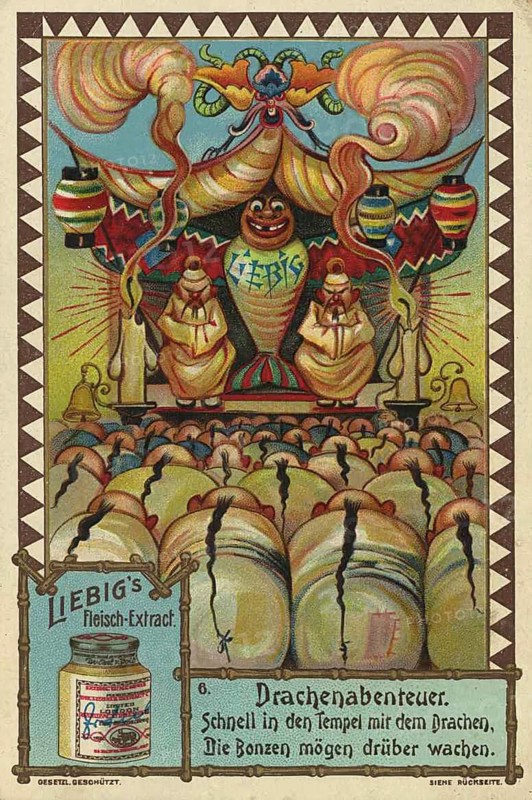Picture series Dragon Adventures, motif showing a scene in a temple, matching the accompanying text: Quick into the Temple with the Dragon, The Biggins May Watch Over It, Liebigbild, digitally restored reproduction of a collector's painting from around 1900, exact date unknown