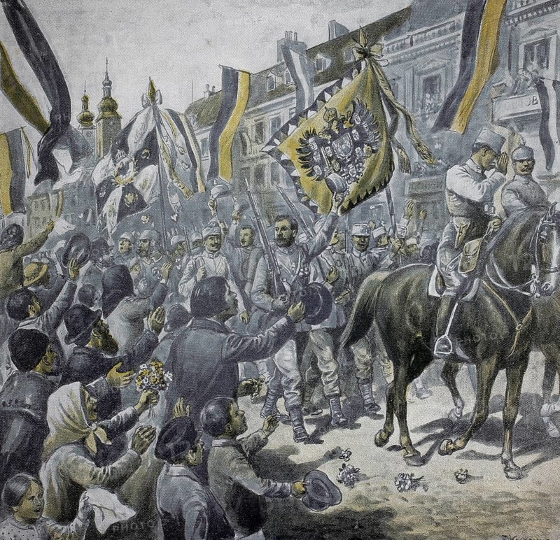 1st World War, Entry of the allies into the reconquered Lviv (original text from 1915, original colouring), illustration, reproduction from a 19th century original. Authentic, file restored for optimal use, exact date of original unknown, Historical, Soldiers riding in a parade through the city, accompanied by cheering crowds and colourful flags