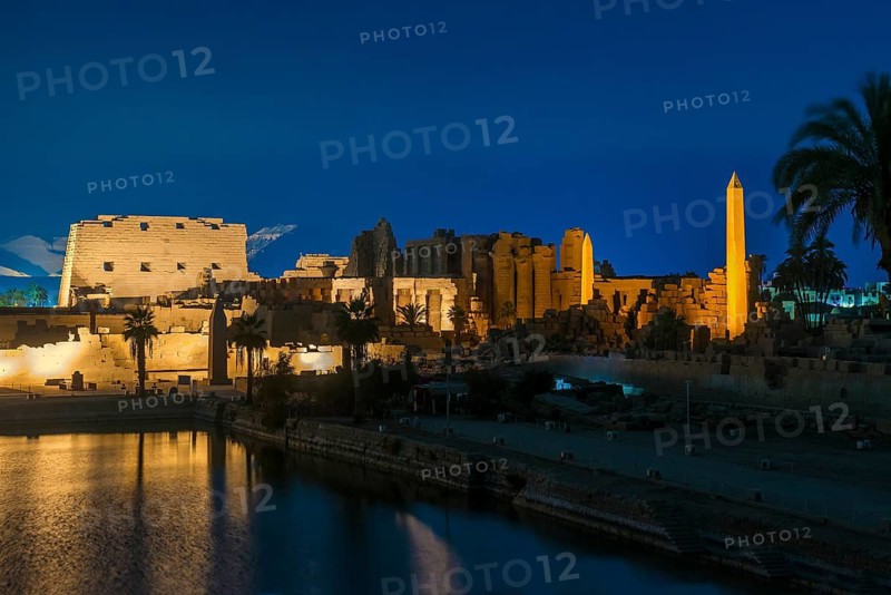 Light show, illuminated, evening, blue hour, Karnak Temple, UNESCO World Heritage Site, Luxor, Egypt