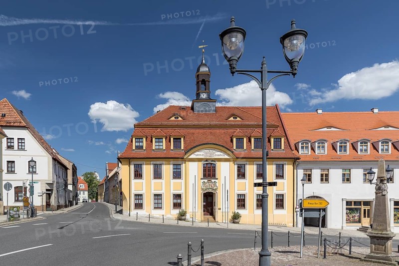 Town Hall and Postal Column on the Market Square, Strehla, Saxony, Germany