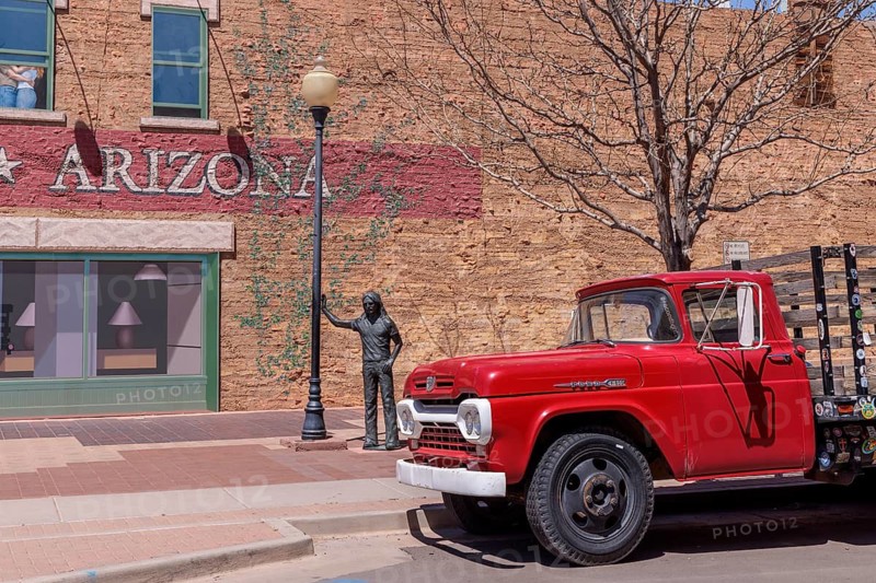 Statue of a man Standin' on a Corner in Winslow Arizona as sung in the classic Glenn Frey and Jackson Browne song