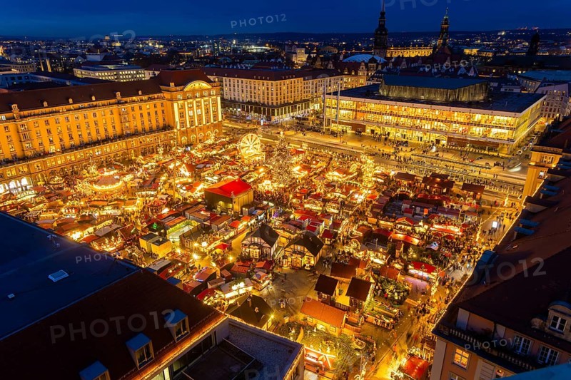 Dresden's Striezel Market has been held mostly on the Altmarkt since 1434 during Advent and attracts an average of around two million visitors a year. It is the oldest Christmas market in Germany, confirmed by a certificate. View from Kreuzkirche tower, Dresden, Saxony, Germany