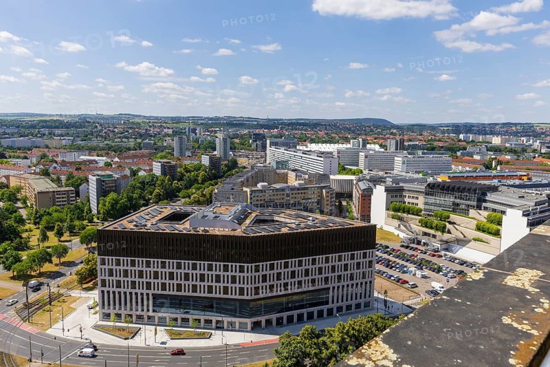 From 1 July to 30 September 2025, the tower's viewing platform on the 11th floor will be open to guided visitor groups of up to five people. View over the Stadtforum to Prager Straße, Dresden, Saxony, Germany