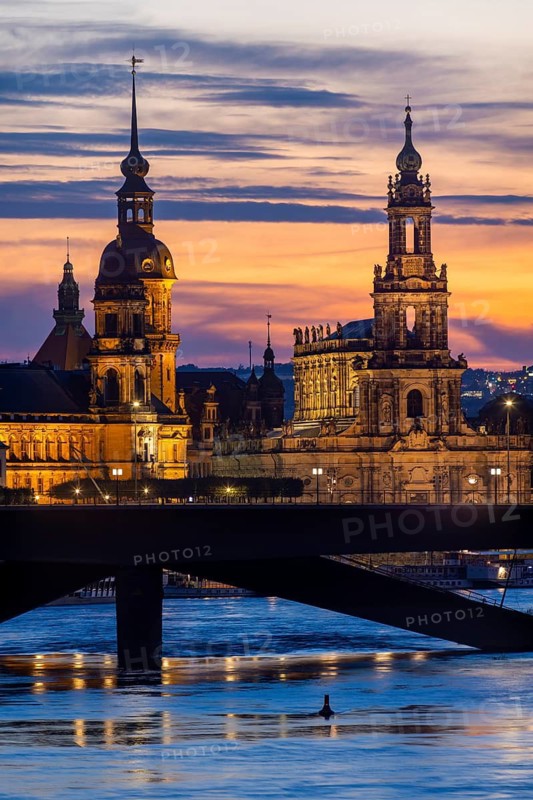 The historic old town of Dresden on the river Elbe with Ständehaus, Residenzschloss and Hofkirche. behind the collapsed Carolabrücke, Dresden silhouette in the evening, Dresden, Saxony, Germany