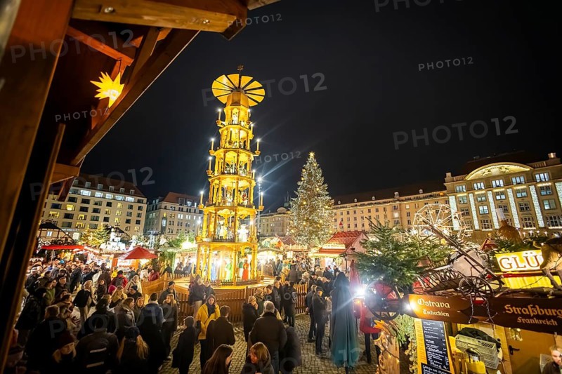 The Dresden Striezelmarkt is a Christmas market in Dresden. It has been held in Advent since 1434, usually on the Altmarkt square, and attracts an average of around two million visitors every year. It is the oldest certified Christmas market in Germany. Pyramid. Dresden, Saxony, Germany