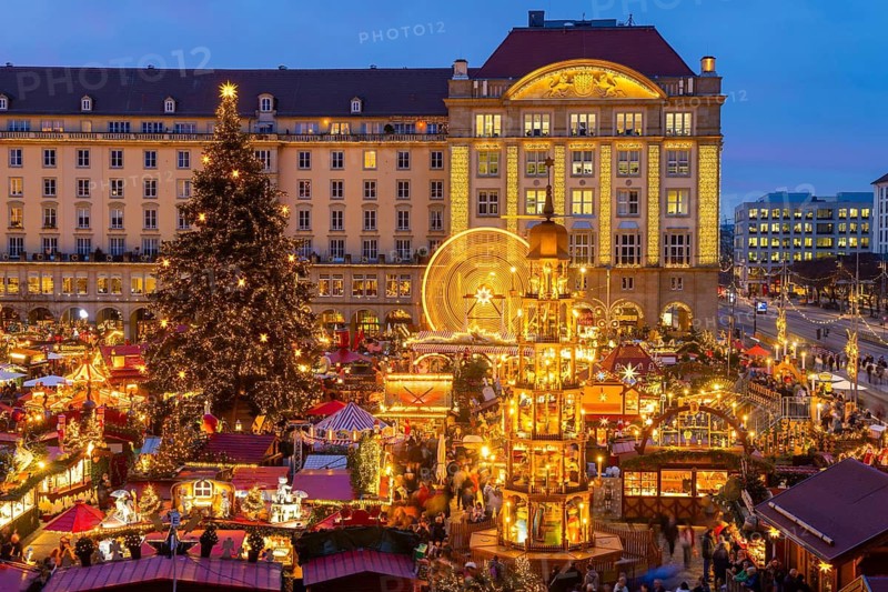 Dresden's Striezel Market has been held mostly on the Altmarkt since 1434 during Advent and attracts an average of around two million visitors a year. It is the oldest Christmas market in Germany, confirmed by a certificate. View from Star G Hotel Premium Dresden in Haus Altmarkt, Dresden, Saxony, Germany