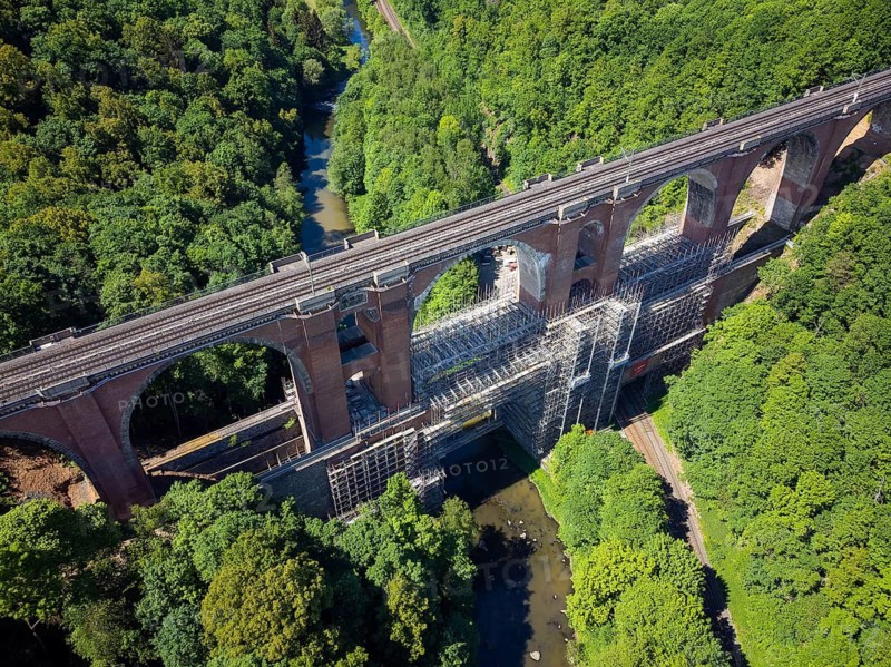 The Elstertalbrücke is a railway bridge in the Vogtland district of Saxony. It carries the Leipzig-Hof railway line near Jocketa over the Weiße Elster and the Gera Süd-Weischlitz railway line running alongside the river. The 68 m high structure is considered the second largest brick bridge in the world after the Göltzschtal Bridge. It will be scaffolded and renovated in 2022