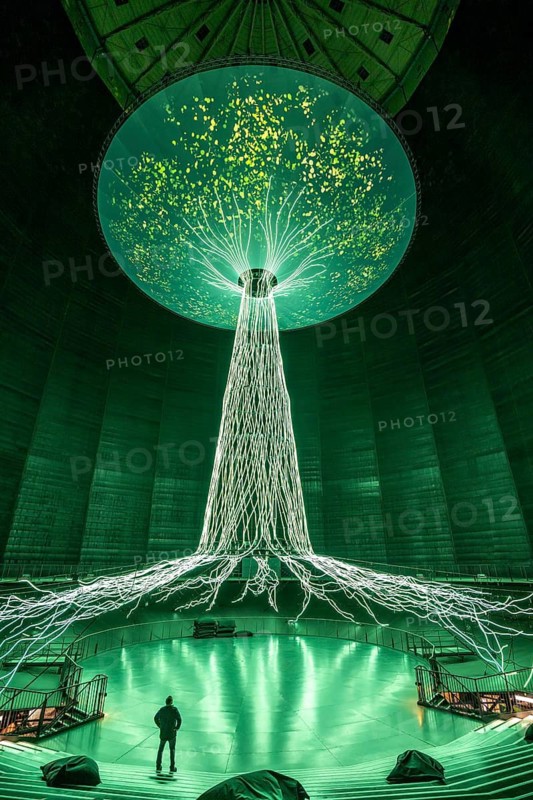 New exhibition at Gasometer Oberhausen, art sculpture The Tree, 40 meter high light installation, shows different stages of a tree with light and music, exhibition Myth Forest, on 3 levels and with several thematic chapters, the exhibition shows the diversity of the world's forests with pictures, videos and exhibits, North Rhine-Westphalia, Germany