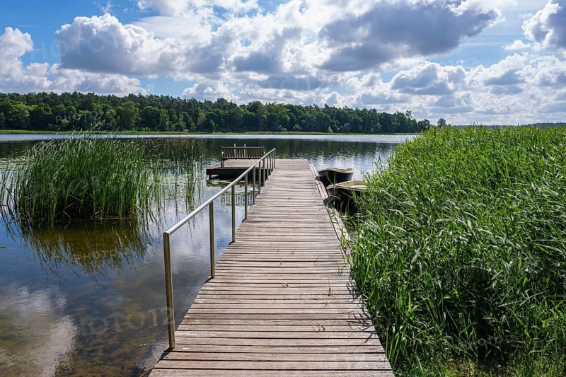 Wooden jetty at the lake, surrounded by reeds and cloudy sky, Nakenstorf, Neuklostersee, Mecklenburg-Vorpommern, Germany