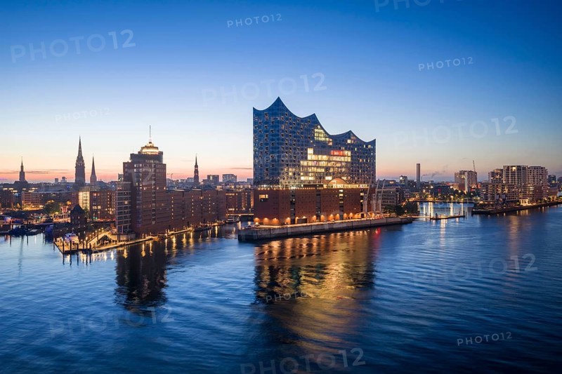 Aerial view of sunrise on the Elbe with Elbe Philharmonic Hall, Hamburg, Germany