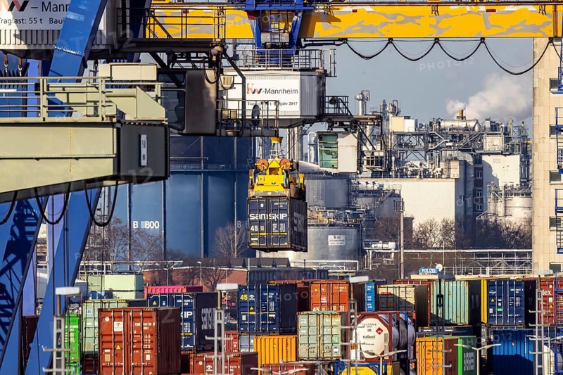 The port of Mannheim is one of the most important inland ports in Europe. The harbor basins stretch across the Rhine and Neckar. Container terminal in Mühlauhafen. Mannheim, Baden-Württemberg, Germany