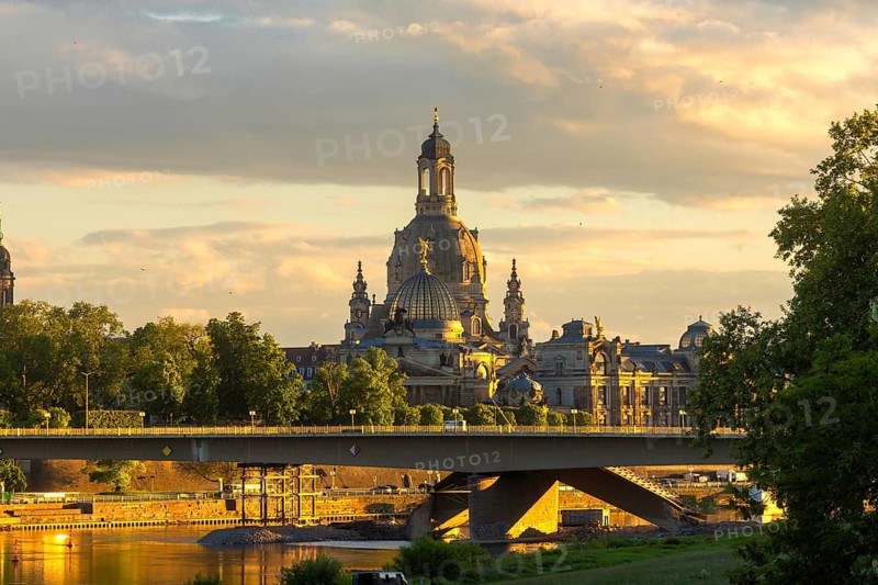 Dresden silhouette in the evening with the Church of Our Lady, Dresden, Saxony, Germany