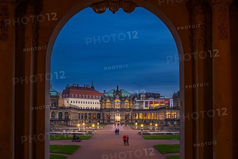 Freshly renovated and modernized — this is how Dresden's Zwingerhof presents itself. After a construction period of just over four and a half years, it is now open to the public again. Especially in the evening, when the buildings are impressively illuminated, the Baroque pavilions and galleries and the classicist architecture of the Semper Gallery unfold their full splendor, Dresden, Saxony, Germany