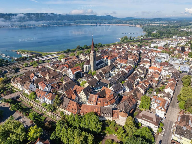 Aerial view of the historic old town of Radolfzell am Lake Constance with the Münster, Konstanz district, Baden-Württemberg, Germany