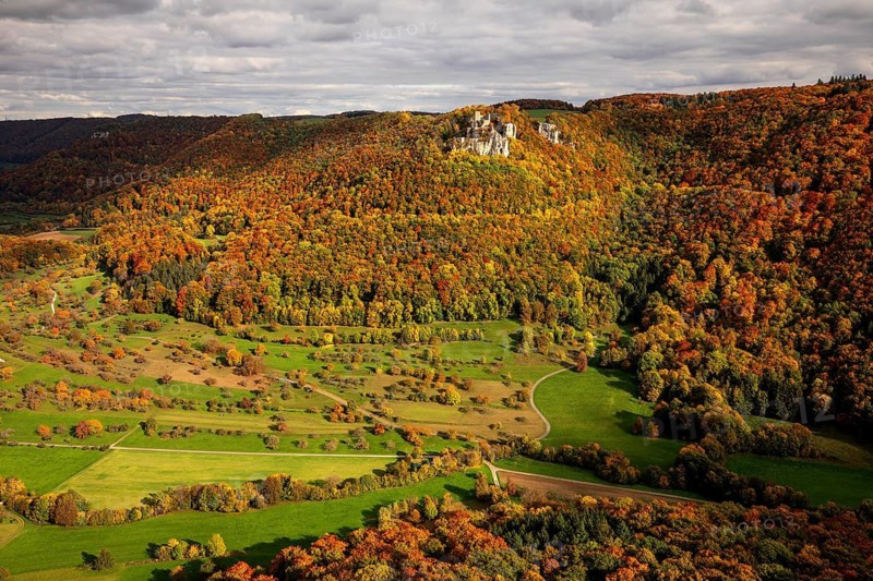 Indian summer on the Swabian Jura in the Nenninger Valley with the ruins of Reussenstein Castle