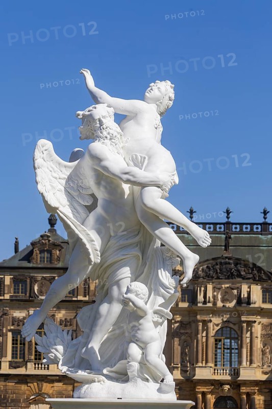 Copy of the sculpture:Time robs beauty in front of the palace in the Great Garden, awaiting its inauguration. The work of sculptor Andreas Klein began in 2019 in Potsdam, where the baroque sculpture group was made from a block of Italian marble. The original was created in 1689 by the Italian sculptor Pietro Balestra, Dresden, Saxony, Germany