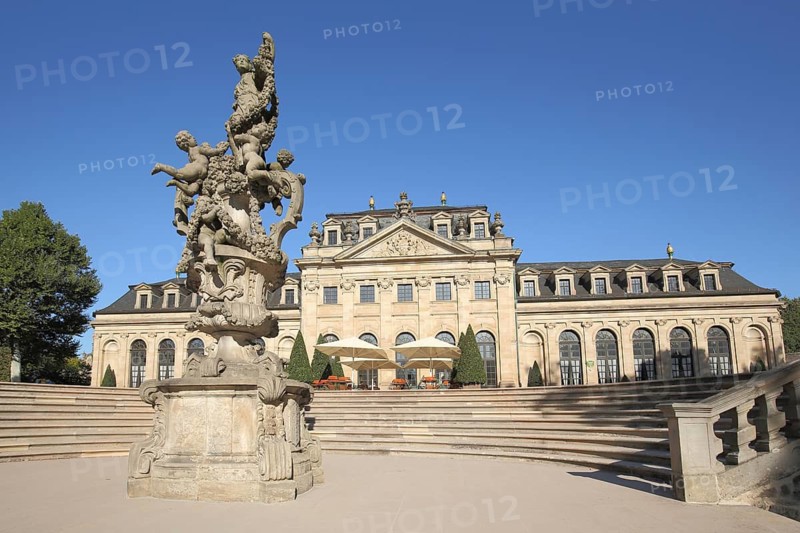 Orangery and Floravase, stone sculptures with decorations, outdoor staircase in the castle park, Fulda, Hesse, Germany