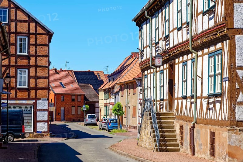 Half-timbered houses in the old town of Oebisfelde in the UNESCO Biosphere Reserve Drömling Saxony-Anhalt. Oebisfelde-Weferlingen, Börde, Saxony-Anhalt, Germany