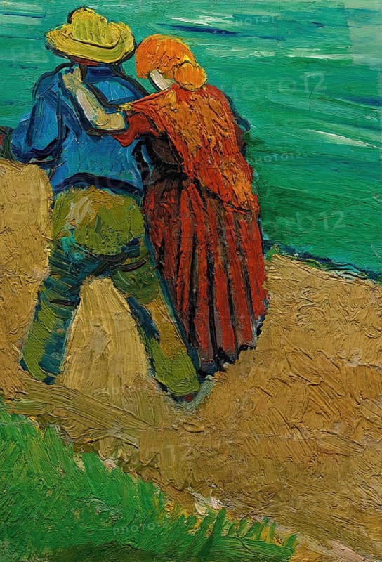 Eclogue in Provence, A Couple in Love (1888), Painting by Vincent Willem van Gogh (born 30 March 1853 in Groot-Zundert, died 29 July 1890 in Auvers-sur-Oise), Dutch painter and draughtsman, one of the founders of modern painting, Illustration, Reproduction from a painting. Authentic, exact date of the original unknown, Historical, A couple in an intimate embrace looking out to sea, depicted in bright colours