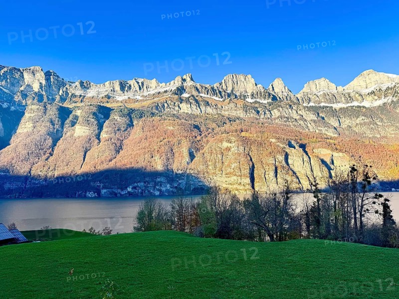 Mountain landscape with lake and green meadows in the foreground, illuminated by the sun, Lake Walen, Quarten, St.Gallen, Switzerland