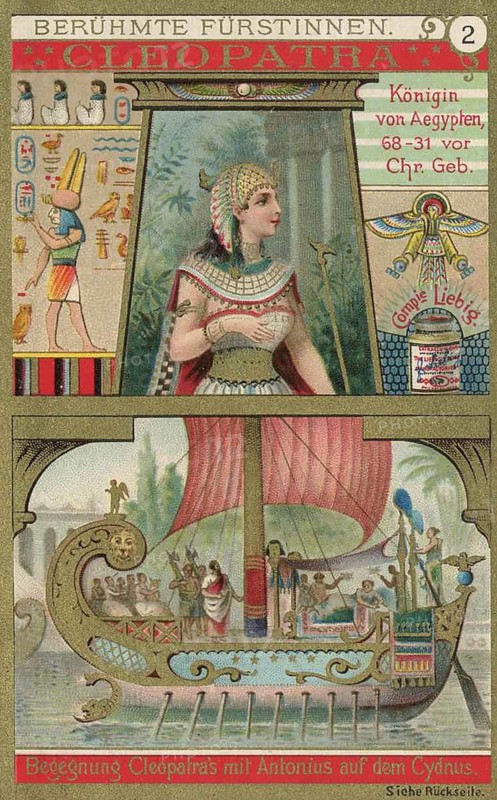 Picture series Famous Princesses, Cleopatra, Queen of Egypt, Liebig picture, digitally restored reproduction of a collector's picture from around 1900, public domain, exact date unknown, Queen Cleopatra of Egypt on a magnificent ship, meeting with Antony, antique depiction