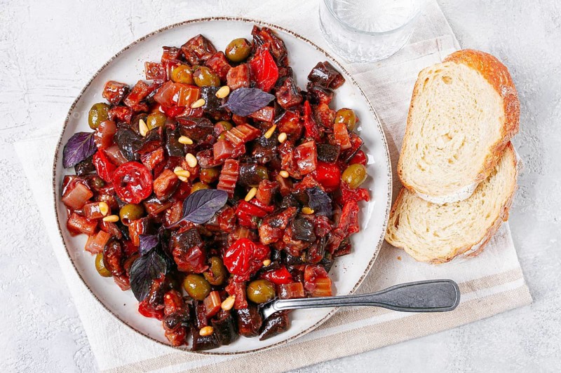 A plate of Sicilian caponata, vegetable stew, Italian cuisine, homemade, no people