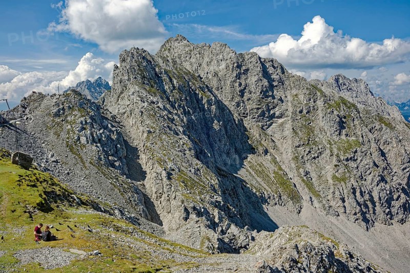 At the Hafelekar, view from the Karwendelblick of the Innsbruck Nordkette to the Karwendel mountains of the Alps, Alpine landscape, Innsbruck, Tyrol, Austria
