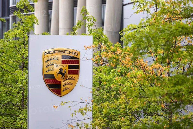 Porsche logo. Porsche Center Stuttgart. Stuttgart, Baden-Württemberg, Germany