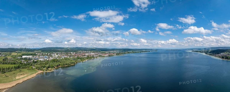 Aerial view, panorama of the town of Radolfzell on Lake Constance, on the horizon the Mettnau peninsula and the island of Reichenau in the district of Konstanz, Baden-Württemberg, Germany
