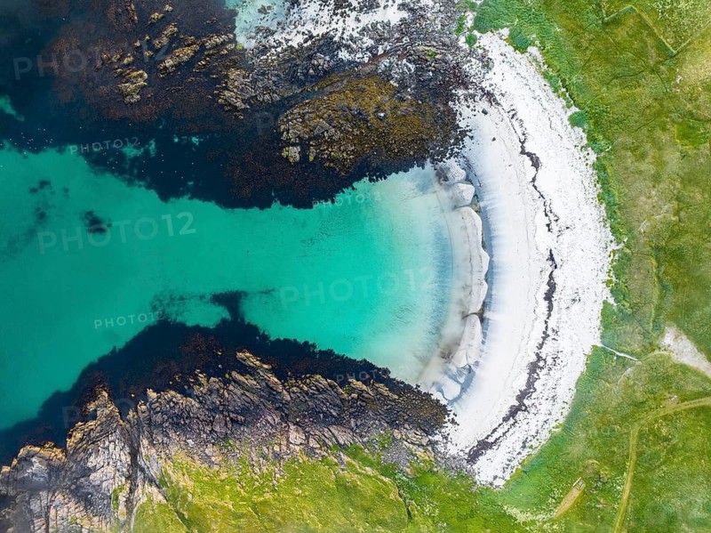 Aerial view, white sandy beach with turquoise water, fishing village Hovden, Langøya island, Vesterålen archipelago, Norway