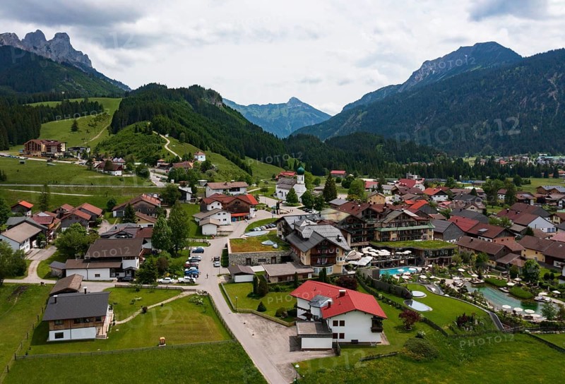 Drone image, view of the village, Grän, Tannheimer Tal, Reutte district, Tyrol, Austria