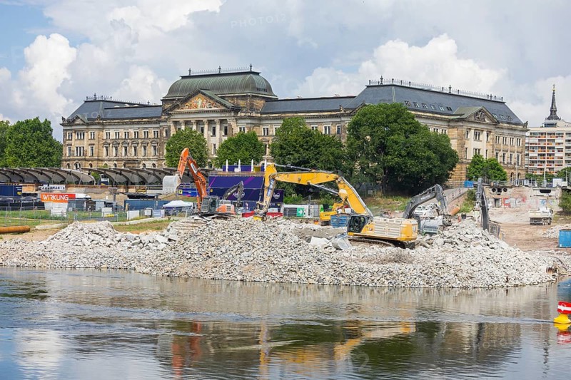 After the partial collapse of the Carola Bridge, the demolition work was completed with the removal of the last bridge pier, Dresden, Saxony, Germany