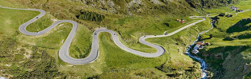 Winding curves of the Julier mountain pass, aerial view, Switzerland