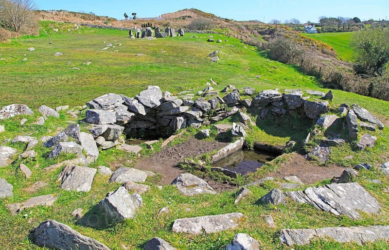Fulacht fiadh water trough and fireplace building at Drombeg stone circle, County Cork, Ireland, Irish Republic